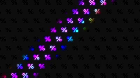 Percentage sign neon glow pattern with blue and pink icons on black background.  Stock Footage 254883390