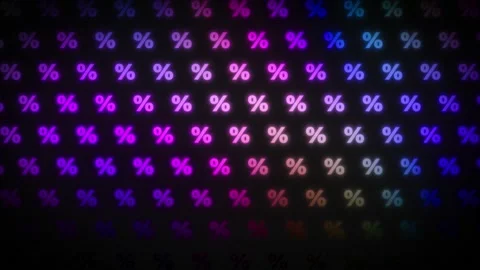 Percentage sign neon glow pattern with blue and pink icons on black background.  Vídeo Stock 254883401