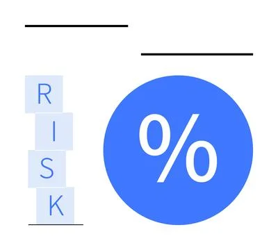 Percentage Symbol Inside Blue Circle Next to Stacked RISK Blocks with Minim.. Stock Illustration
