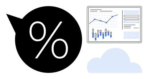 Percentage symbol in speech bubble, cloud, and data analytics dashboard. Idea イラスト素材