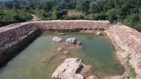 Percolation-tank-forest-water-conservation-bundelkhand-india-drone-panning Stock Footage 342909845