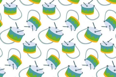 Percussion seamless pattern. Vector Flat Drums illustration for Background,.. Stock Illustration