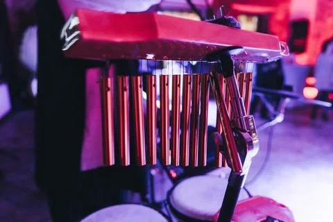 Percussionist drummer performing on mark tree, professional bar chimes, dru.. Stock Photos