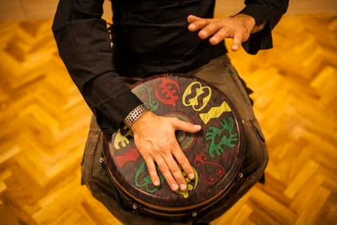 Percussionist practicing technique with the tam tam or drum Stock Photos