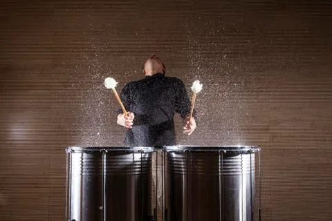 Percussionist practicing with two drums Stock Photos