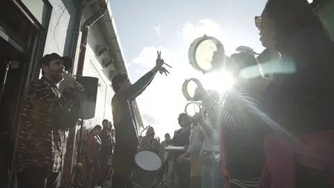Percussionists Playing Man Singing - Street Carnival Parade Lisbon - Portugal Stock Footage 123672899