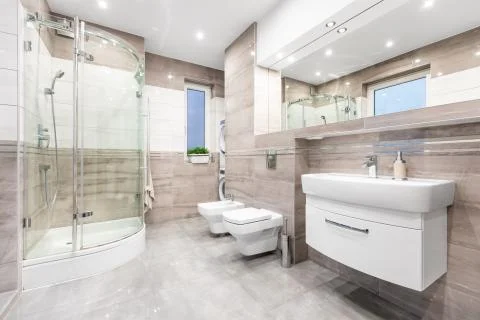 Perfect bathroom - spacious and functional Stock Photos