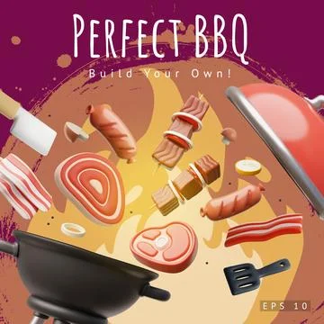 Perfect BBQ 3D cartoon vector poster, realistic barbecue cooking pan, meat, ribs Stock Illustration