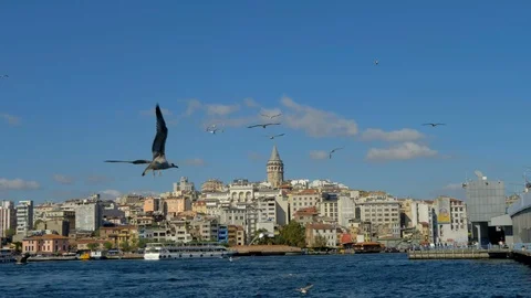 Perfect beautiful view of Bosphorus passage and Galata tower. Stock Footage 97635663