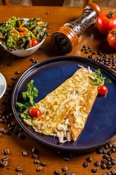 Perfect Breakfast Tapioca Toasted Cheese on a blue plate with Coffee Cinnamon an Stock Photos