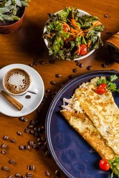 Perfect Breakfast Tapioca Toasted Cheese on a blue plate with Coffee Cinnamon an Stock Photos