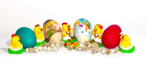 Perfect colorful handmade easter eggs and chicken isolated on a white Stock Photos