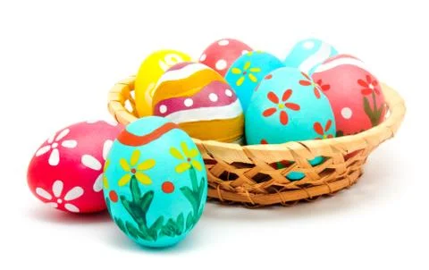 Perfect colorful handmade easter eggs in the basket Stock Photos