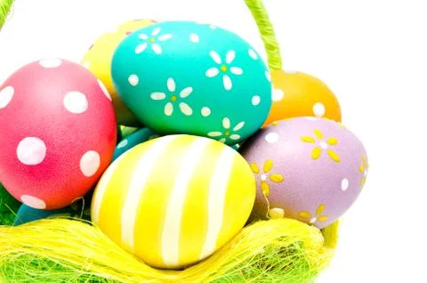 Perfect colorful handmade easter eggs in the basket Stock Photos
