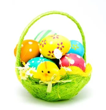 Perfect colorful handmade easter eggs in the basket Stock Photos
