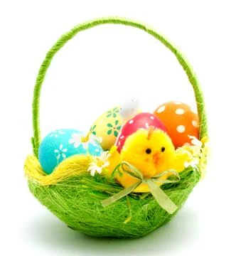 Perfect colorful handmade easter eggs in the basket isolated Stock Photos