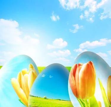 Perfect easter background. colorful easter eggs and blue sky 스톡 일러스트