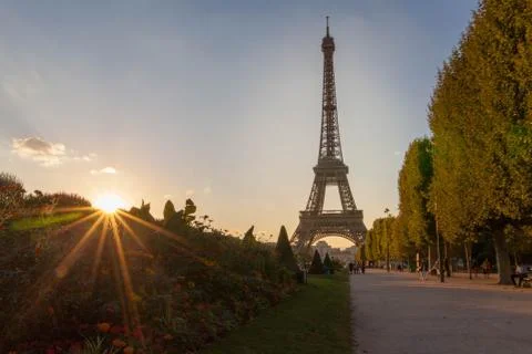 Perfect Eiffel Tower and Champ de Mars at Sunset in Summer Stock Photos