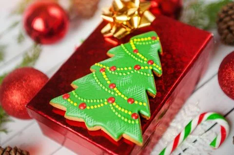 Perfect ginger bread Christmas cookie shaped as a Christmas tree Stock Photos