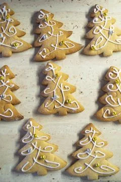 Perfect ginger bread Christmas cookie shaped as a Christmas tree. Top view Stock Photos