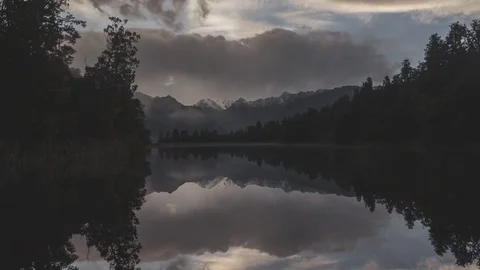 Perfect Lake Reflection with fog Lake Mathison New Zealand 4K Stock Footage