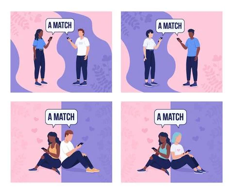 Perfect matching on dating app flat color vector illustrations set Illustrazione stock