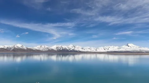 Perfect Mirror Reflection of Snow Mountains on Turquoise Lake Tibet 動画素材 334707111