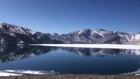 Perfect Mirror Reflection of Snow Peaks on Still Water China Vídeos de archivo 334708944