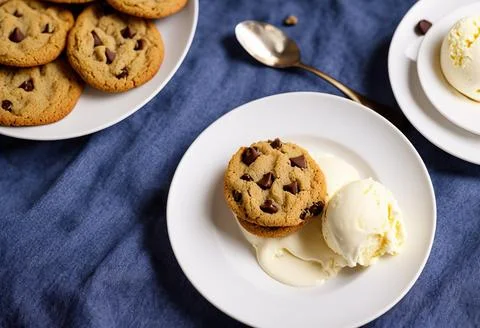 A Perfect Pairing: Cookies and Ice Cream on a Plate. Stock Photos