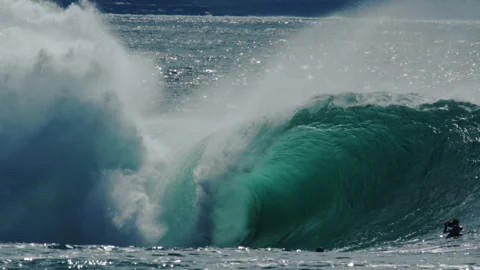 Perfect Reef Wave Breaks Hollow With Surfer Deep Inside Tube, Slow Motion Stock Footage 310536009