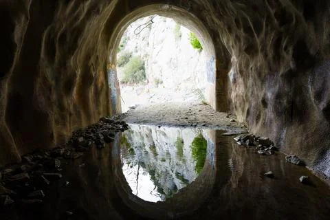 Perfect Reflection in a Puddle Inside an Abandoned Tunnel 스톡 사진