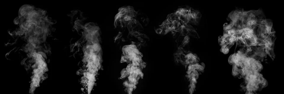 A perfect set of five different mystical curly white steam or smoke on a blac Stock Photos