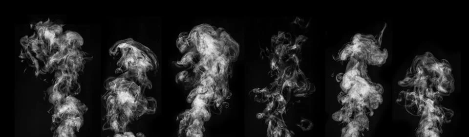 A perfect set of six different types of white smoke on a black background. Cu Stock Photos