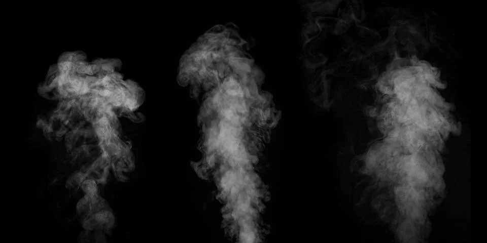 A perfect set of three different mystical curly white vapors or smoke on a bl Stock Photos
