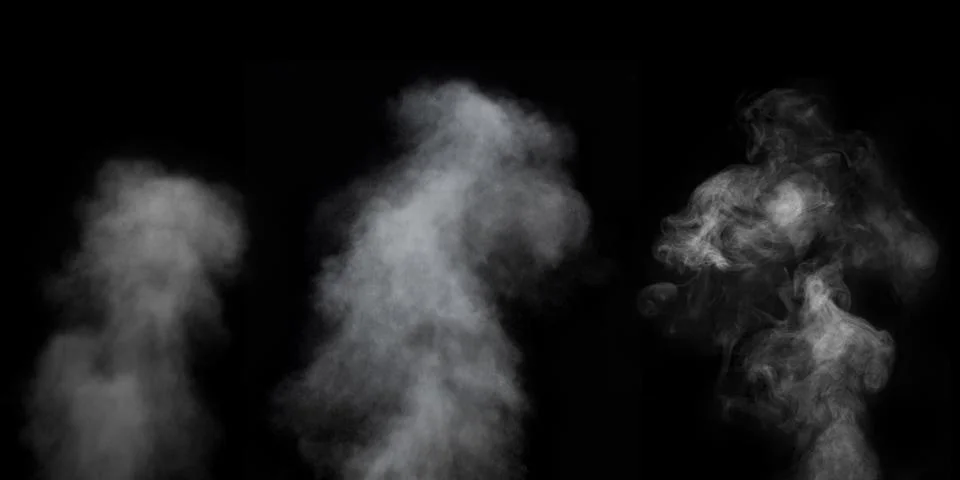 A perfect set of three different mystical curly white vapors or smoke on a bl Stock Photos