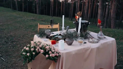 The perfect setting for a romantic dinner in nature with candles, ring box Stock Footage 154683378