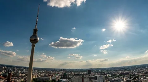 Perfect Skyline aerial of Berlin with beautiful sun, some clouds during summer Stock Footage