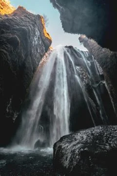 Perfect view of famous powerful Gljufrabui cascade. Location Seljalandsfoss fall Stock Photos