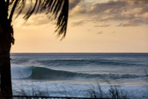 Perfect wave breaking at the banzai pipe line reef in hawaii north shore sunset Stock Photos