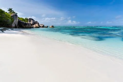Perfect white beach anse source d'argent in la digue, seychelles Stock Photos