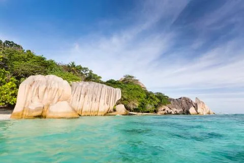 Perfect white beach anse source d'argent in la digue, seychelles with scenic  Stock Photos