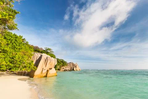Perfect white beach Anse Source D'Argent in La Digue, Seychelles with scenic  Stock Photos