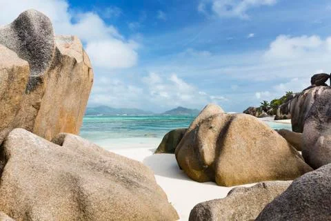 Perfect white beach Anse Source D'Argent in La Digue, Seychelles with large g Stock Photos