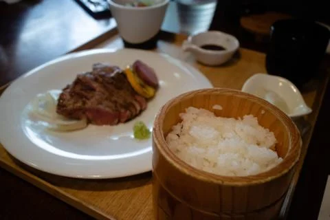 Perfectly cooked steak in high-class Japanese restaurant Stock Photos