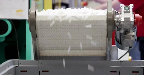 Perforated Plastic Roller At Belt End, Modular Conveyor Chain, Macro Detail Stock Footage 340643543