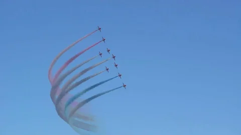 The performance of the Aerobatic Team The Red Arrows during THE AIR SHOW. Stock Footage 79661864