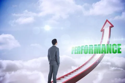 Performance against red stairs arrow pointing up against sky 스톡 일러스트