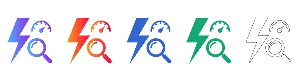 Performance Analysis Icons with Lightning and Magnifying Glass Stock Illustration