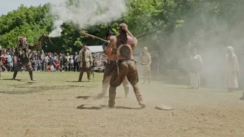 Performance of ancient Bulgarian warriors demonstrate fighting techniques Stock Footage 193368204