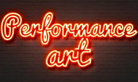 Performance art neon sign on brick wall background. Illustrazione stock